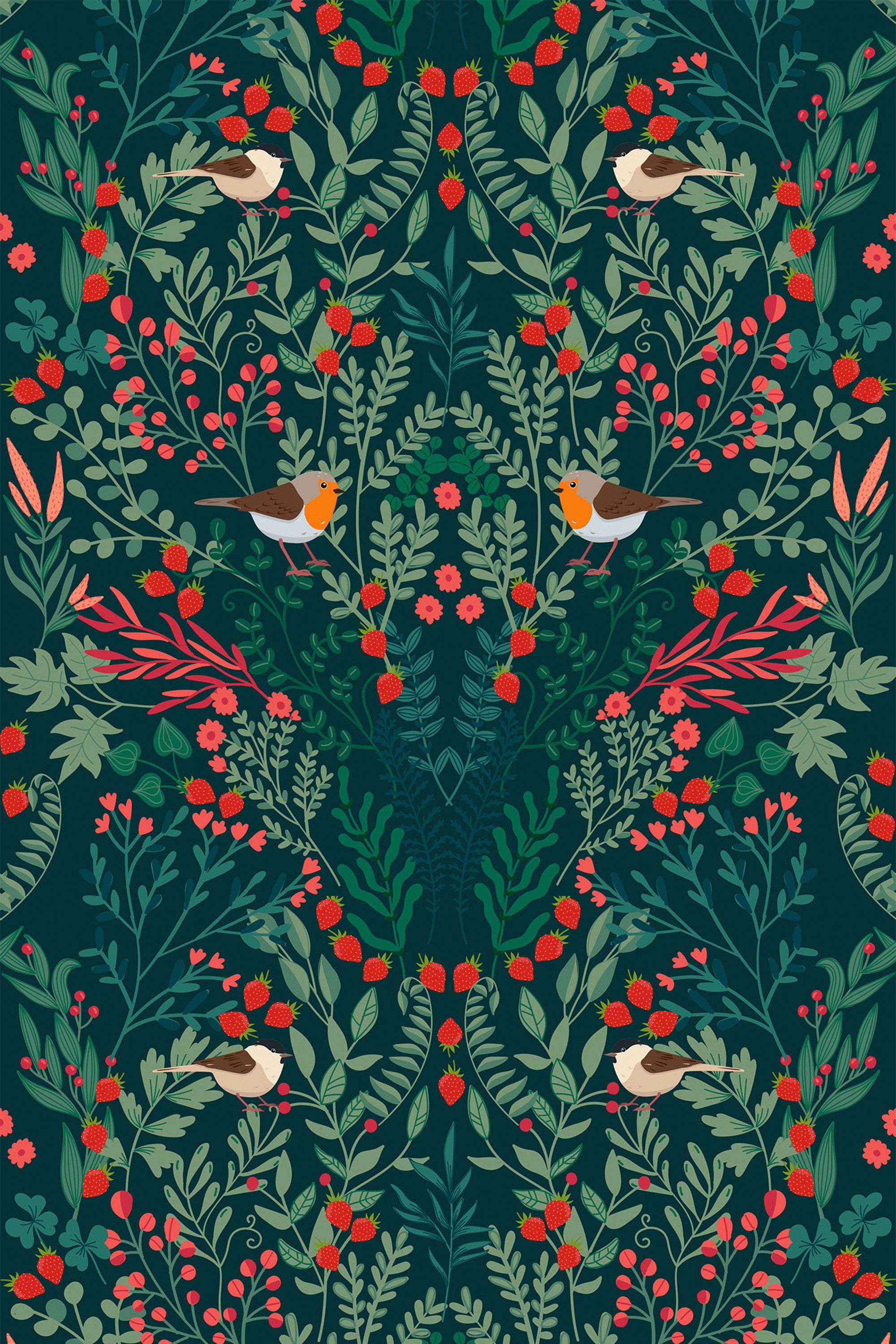 Vibrant green foliage and red strawberries with small birds perched among the leaves on a dark background, forming a repeating pattern. Peel and stick removable wallpaper.