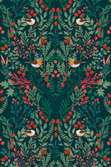 Vibrant green foliage and red strawberries with small birds perched among the leaves on a dark background, forming a repeating pattern. Peel and stick removable wallpaper.