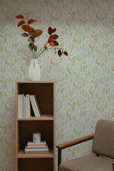 Self-adhesive wallpaper with a Pastel Garden design in soft tones of green, yellow, and beige, with delicate floral and leafy patterns.