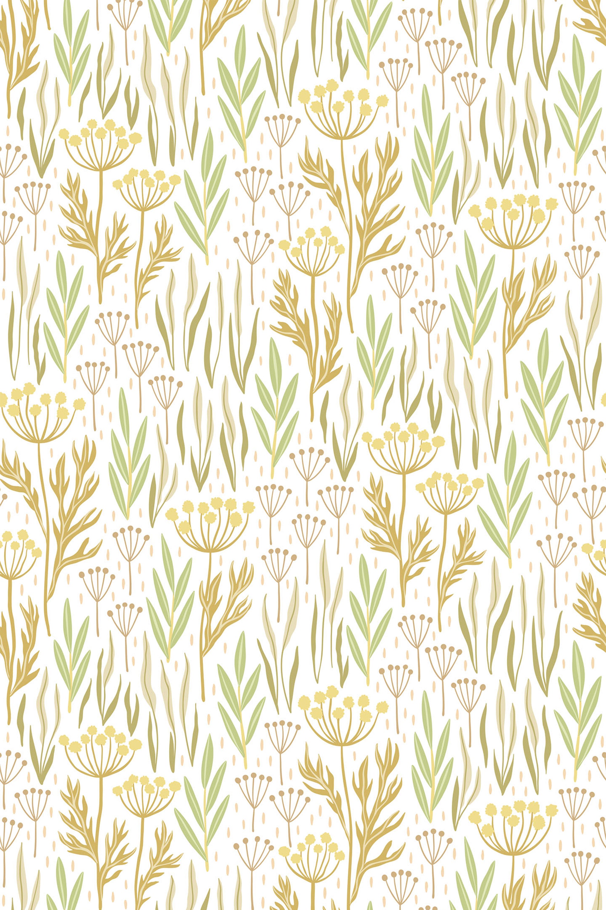Soft pastel green leaves and delicate mustard-yellow floral motifs over a white background, creating a calming and natural garden feel. Peel and stick removable wallpaper.