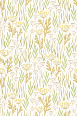 Soft pastel green leaves and delicate mustard-yellow floral motifs over a white background, creating a calming and natural garden feel. Peel and stick removable wallpaper.