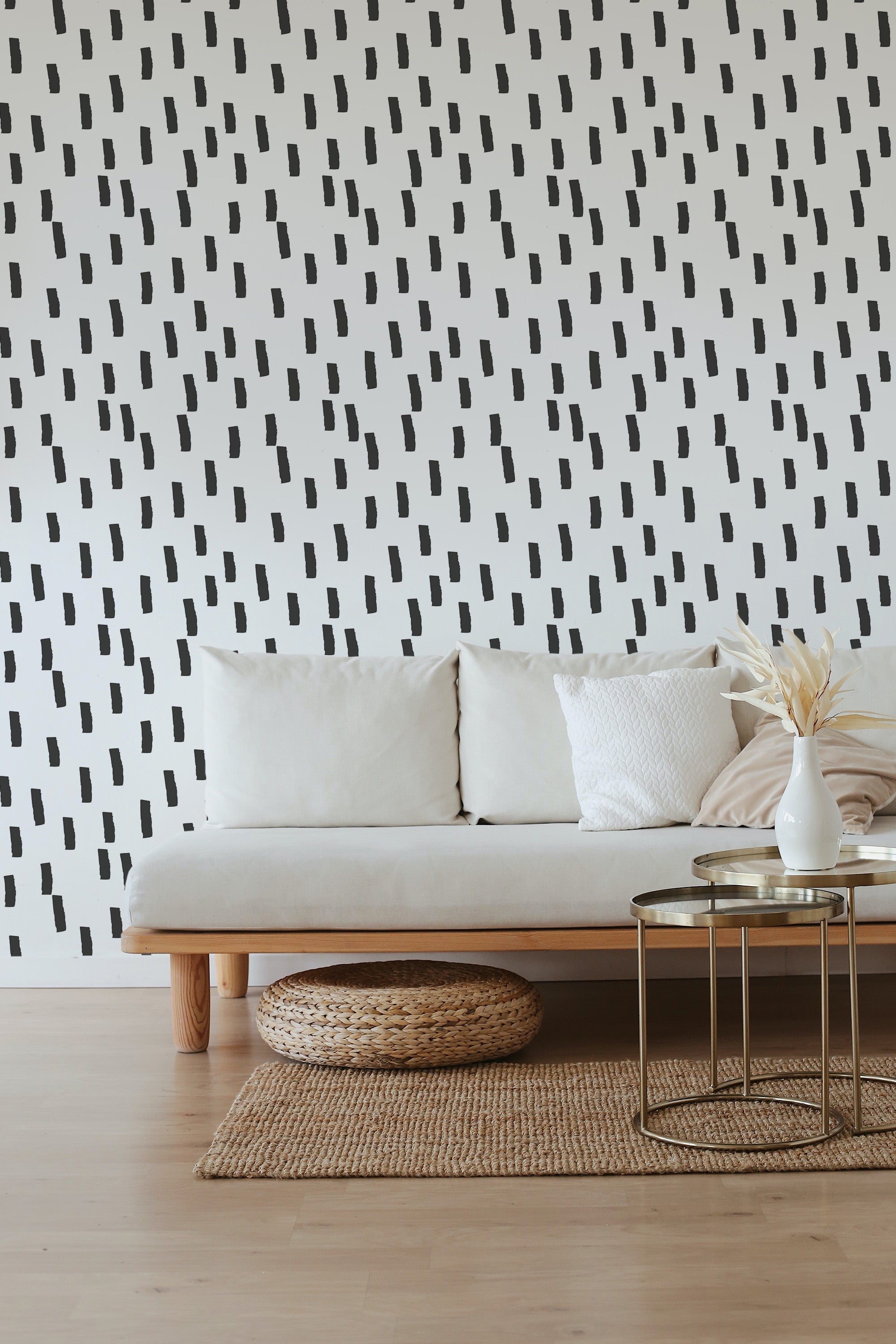 The wallpaper has a simple black hand-drawn line pattern on a white background, creating a minimalist aesthetic. Traditional wallpaper.