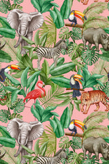 A wallpaper pattern with a pink background covered in lush green tropical leaves, and illustrations of animals like elephants, zebras, rhinos, tigers, toucans, and flamingos. Peel and stick removable wallpaper.