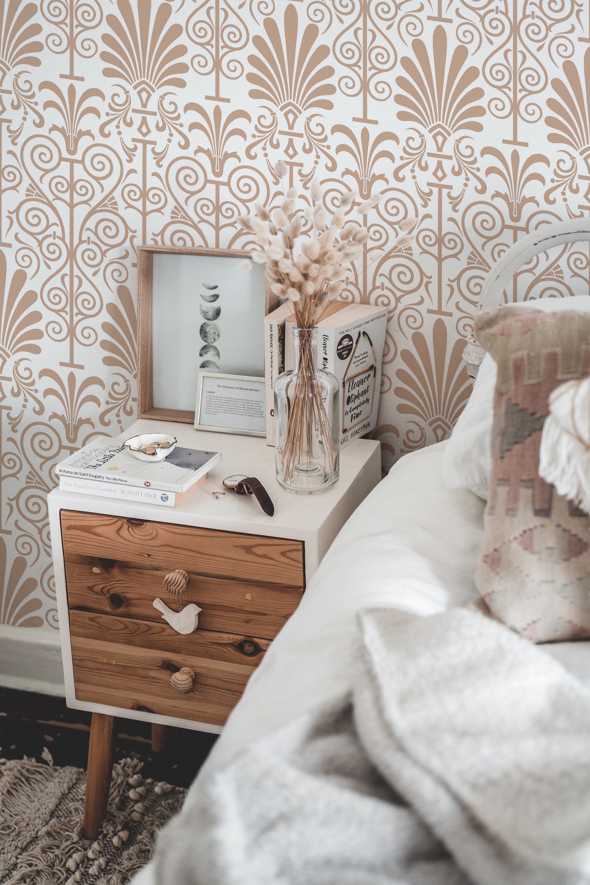 Self-adhesive wallpaper with a Damask design in beige and white, featuring ornate, repeating patterns with scrolling and floral elements.