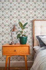 Self-adhesive wallpaper with a Neutral Tile design, displaying a repeating pattern of floral and geometric motifs in soft earthy tones, including beige, brown, and muted green accents, providing a classic and serene backdrop.