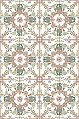 Intricate pattern of symmetrical floral and geometric motifs in shades of green, brown, and soft red on a white background. The design includes ornate circular medallions and decorative foliage elements arranged in a repeating tile pattern. Peel and stick removable wallpaper.