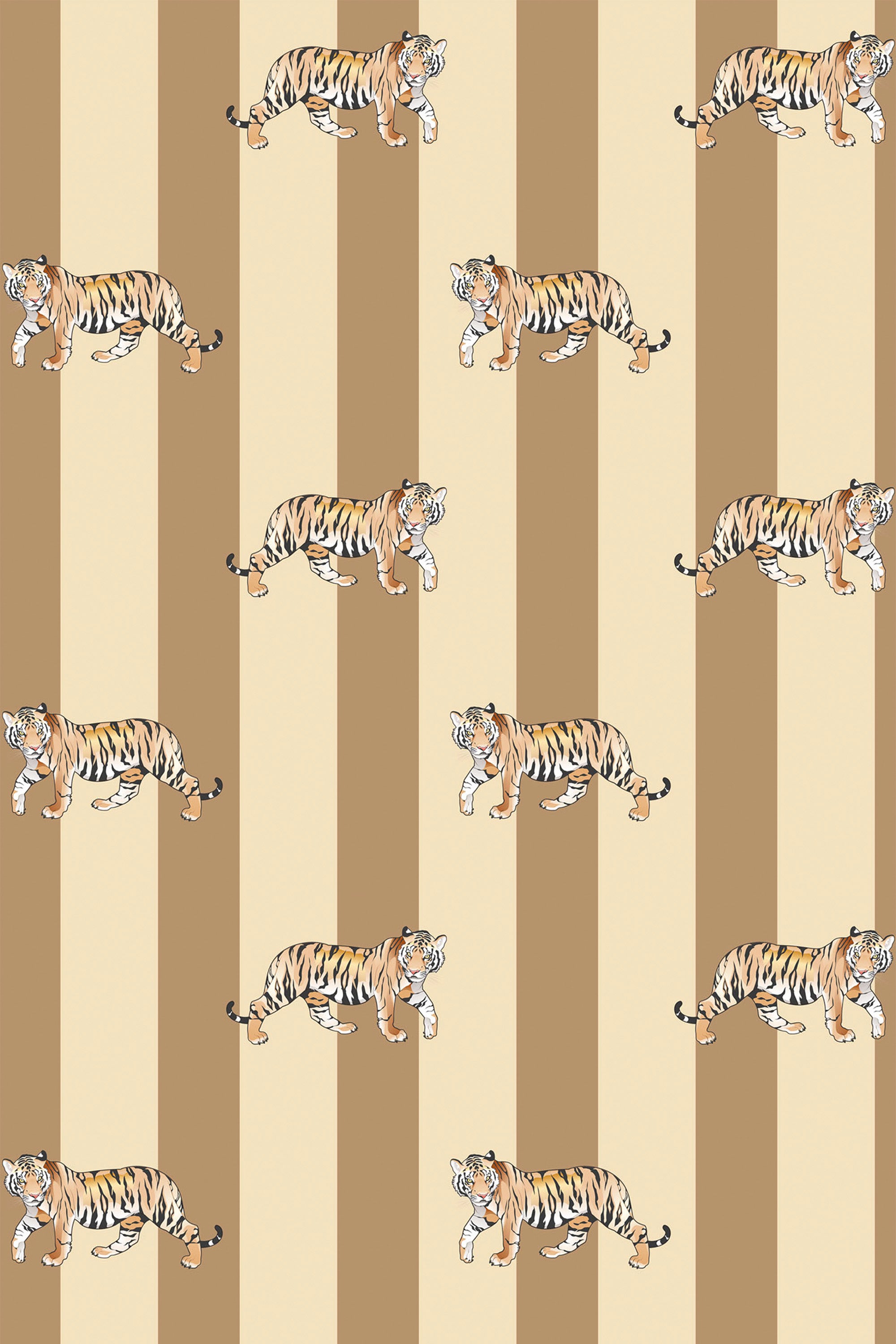 Image of a wallpaper design with alternating vertical beige and light brown stripes. Walking tigers in shades of orange, white, and black are spread across the pattern. Peel and stick removable wallpaper.