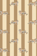 Image of a wallpaper design with alternating vertical beige and light brown stripes. Walking tigers in shades of orange, white, and black are spread across the pattern. Peel and stick removable wallpaper.