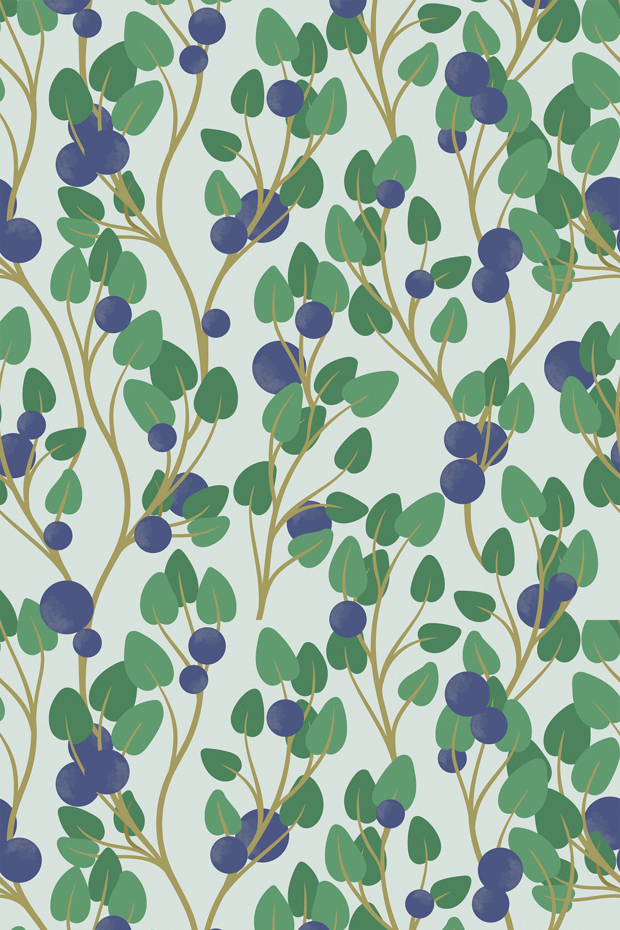 Green leafy branches with clusters of blue berries on a white background, creating a nature-inspired pattern in a repeat design. Peel and stick removable wallpaper.