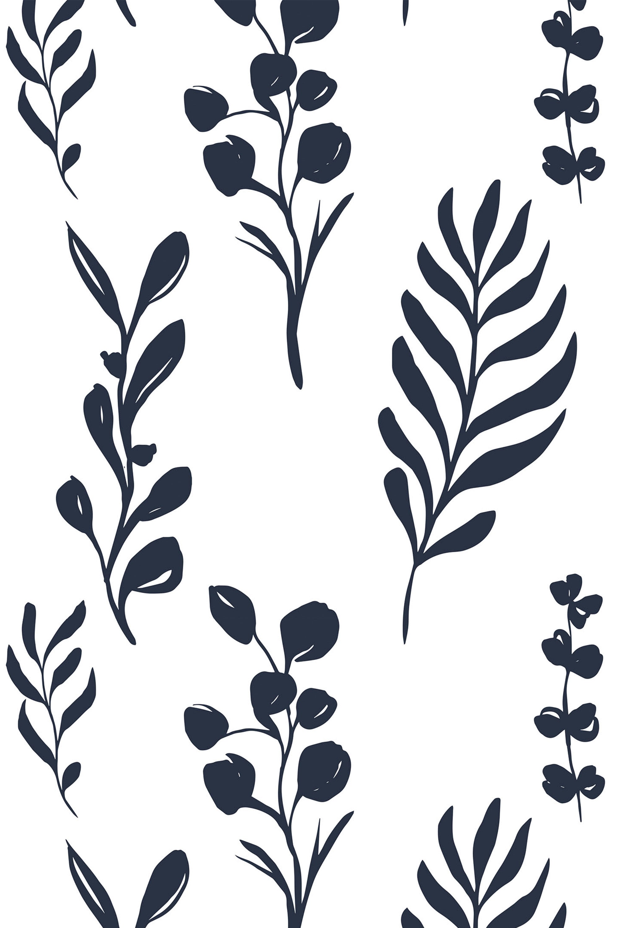 Pattern of hand-drawn, dark navy botanical leaves set against a white background, ideal for a contemporary, nature-inspired d��cor. Peel and stick removable wallpaper.