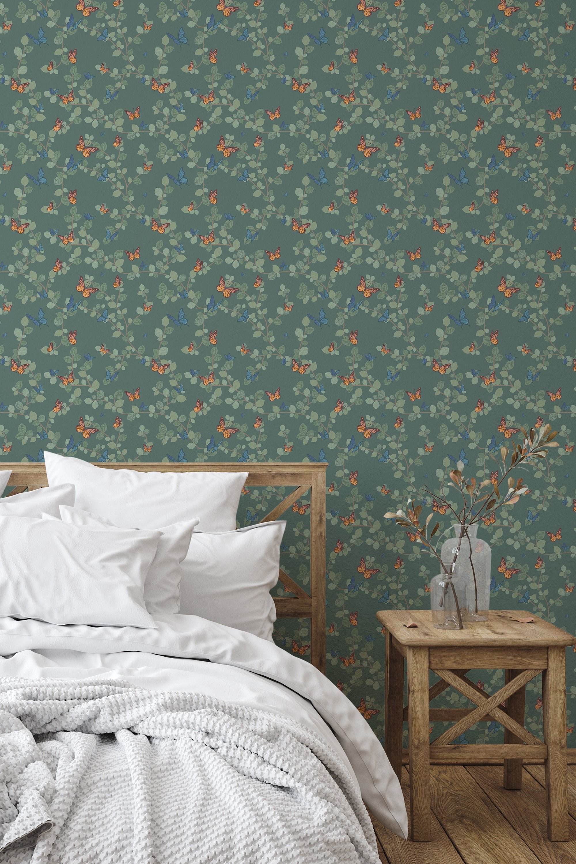Self-adhesive wallpaper with a whimsical butterfly design on a soft teal background, adorned with small, scattered leaves and butterflies in shades of orange and blue, creating a playful and nature-inspired ambiance.