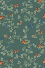 Whimsical butterfly pattern on a green background with intertwined leafy branches. Orange, red, and blue butterflies are scattered throughout, some in flight, others resting on the leaves. The delicate branches and leaves create a natural and lively atmosphere in soft shades of green. Peel and stick removable wallpaper.