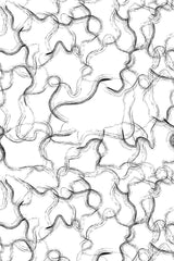 Wavy black lines flow organically across a white background, creating a swirling, marble-like texture with a dynamic and contemporary appearance. Peel and stick removable wallpaper.