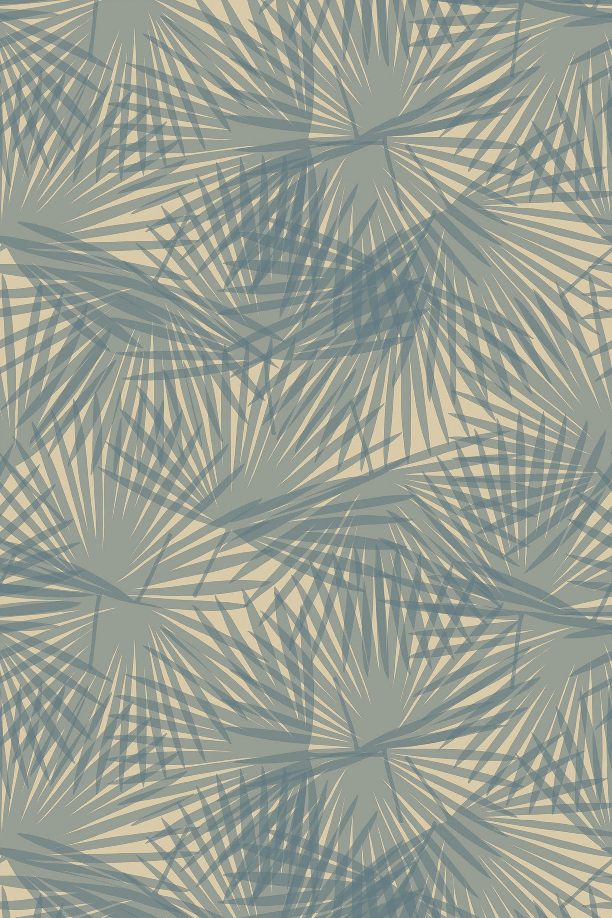 Dark palm leaf pattern with overlapping fronds in shades of blue-gray on a pale beige background, creating a tropical and soothing ambiance. Peel and stick removable wallpaper.
