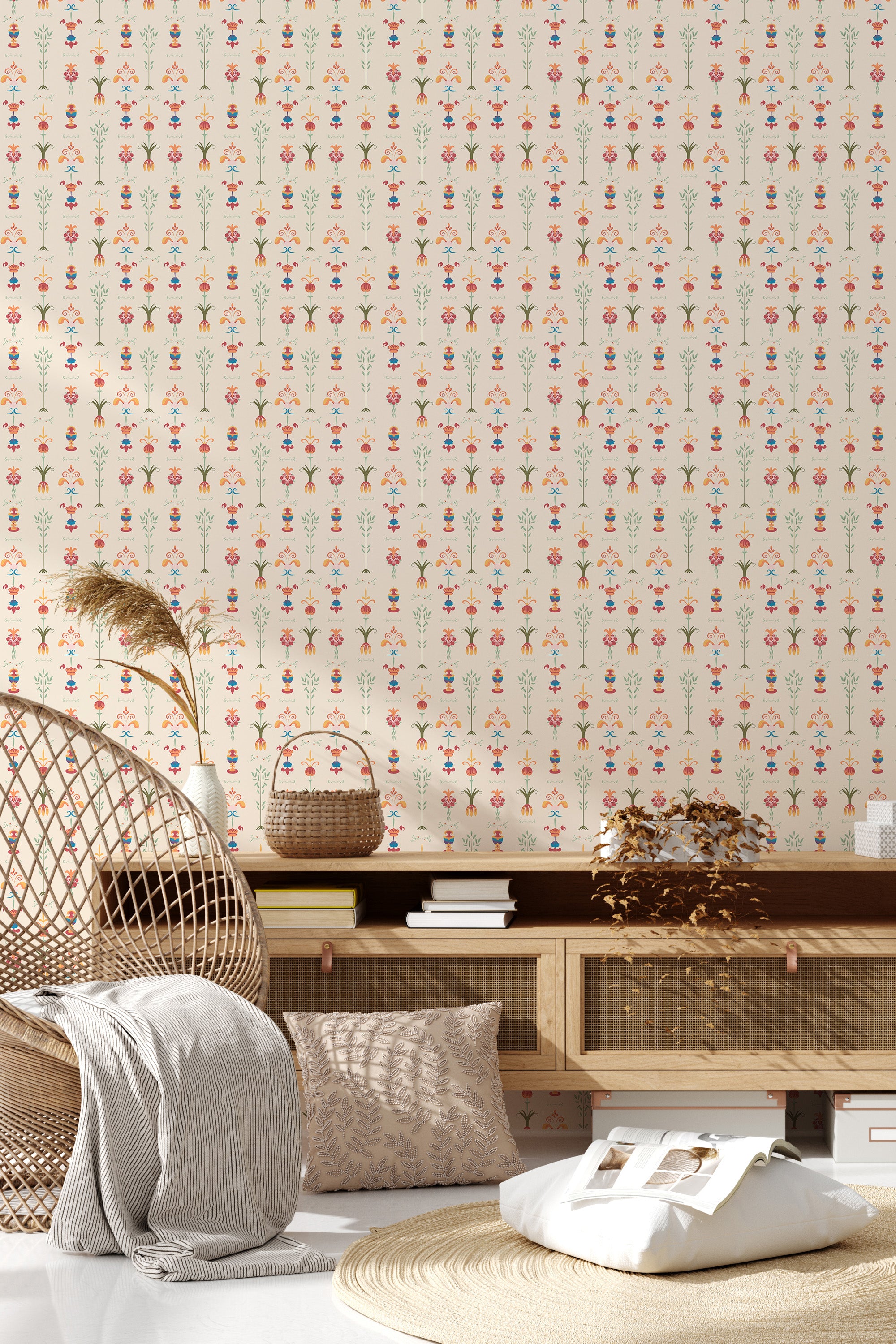 A decorative pattern of small, colorful floral motifs arranged in vertical rows on a beige background, creating a delicate and symmetrical design, traditional wallpaper.