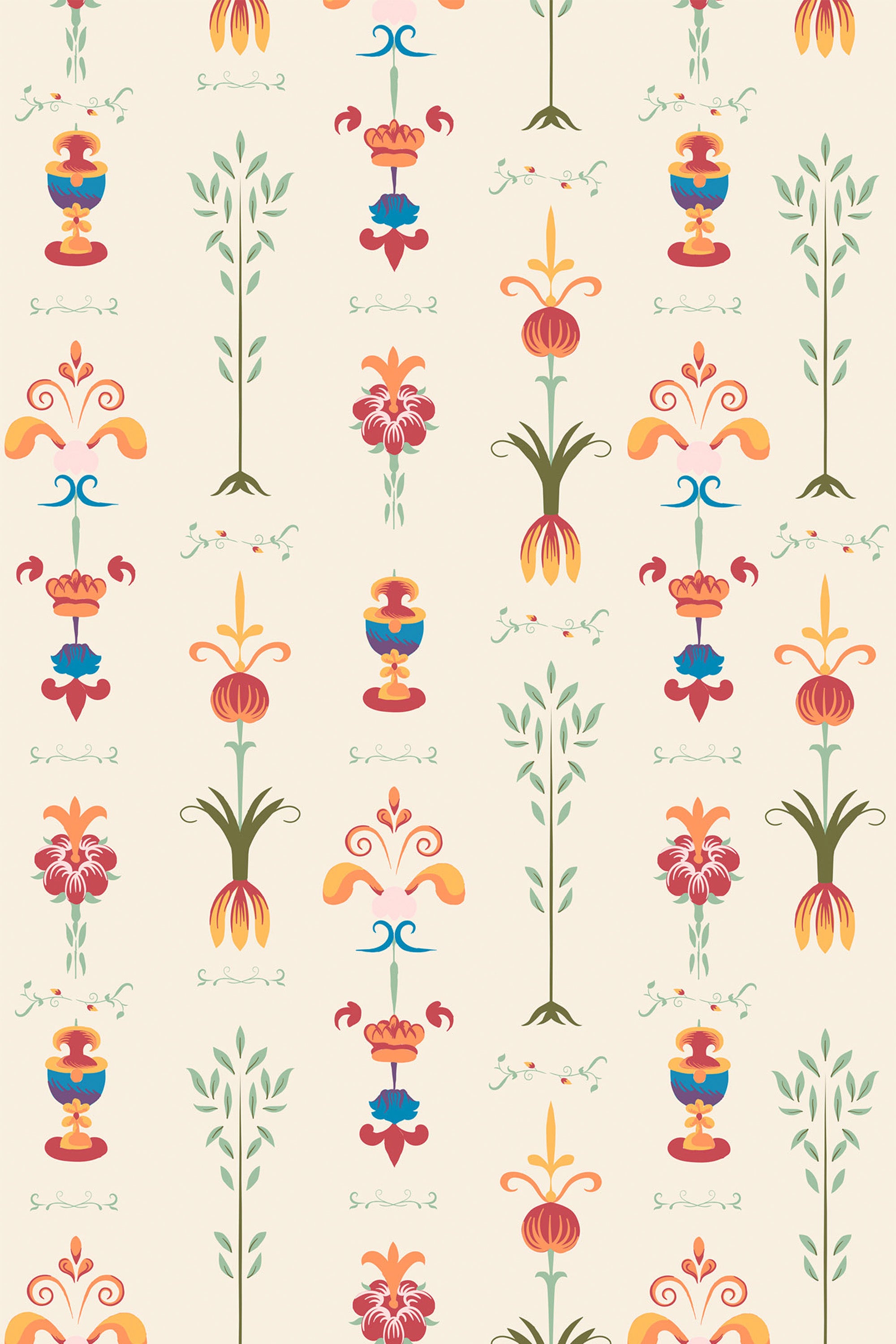 Ornamental design with symmetrical patterns of stylized flowers, foliage, and abstract shapes in hues of red, orange, green, and blue on a cream background. Peel and stick removable wallpaper.