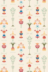 Ornamental design with symmetrical patterns of stylized flowers, foliage, and abstract shapes in hues of red, orange, green, and blue on a cream background. Peel and stick removable wallpaper.