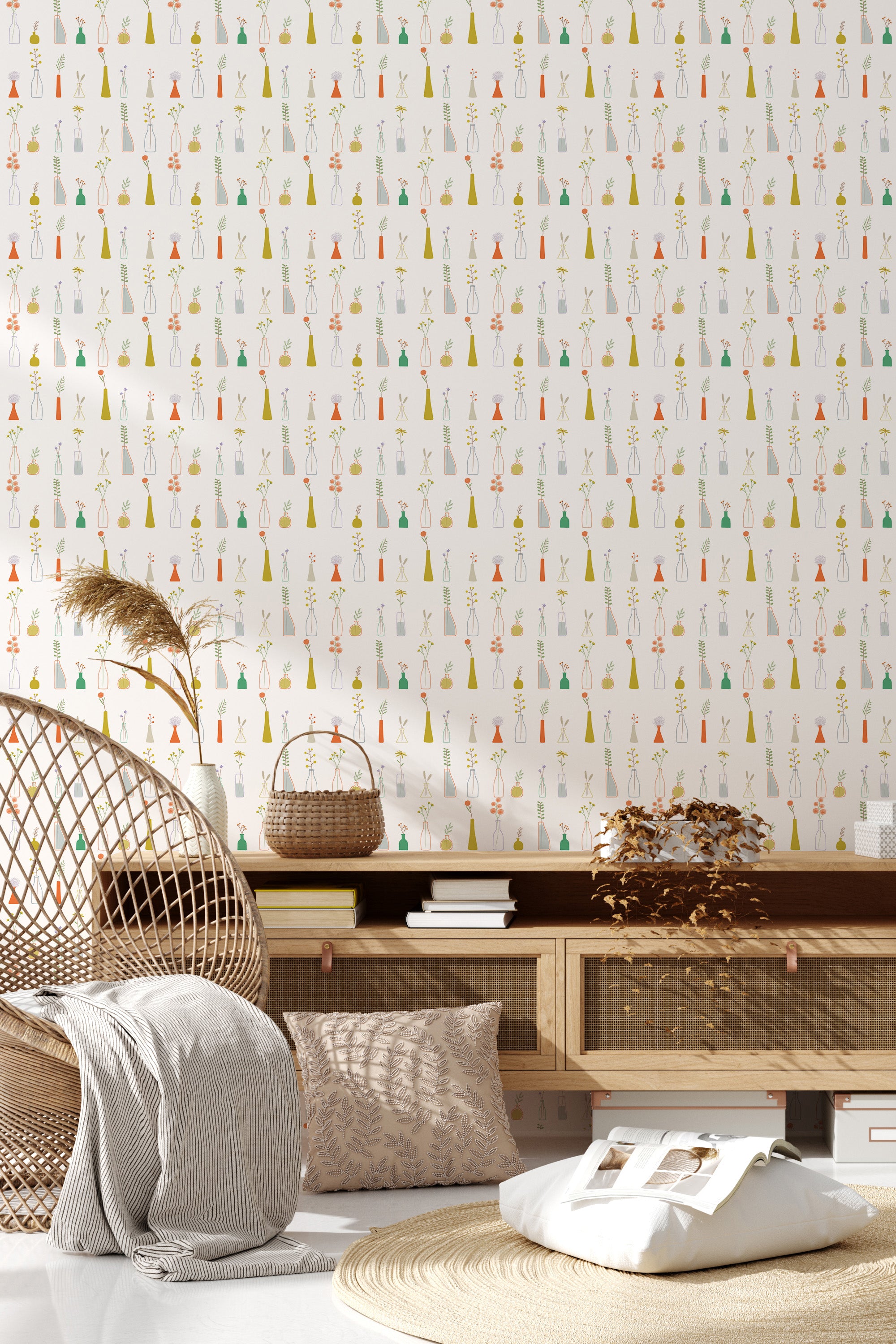 Wallpaper with a pattern of colorful, minimalist flower vases dispersed evenly across a light background, giving the room a light and airy feel. Traditional wallpaper.