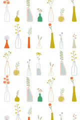 A pattern of minimalist flower vases with various brightly colored flowers and greenery in yellow, orange, green, and blue hues on a white background, peel and stick removable wallpaper.