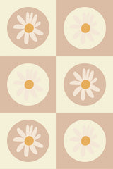 Daisy flower motifs with orange centers and cream-colored petals on alternating beige and cream square backgrounds. Retro-inspired design with a warm and subtle color palette. Peel and stick removable wallpaper.
