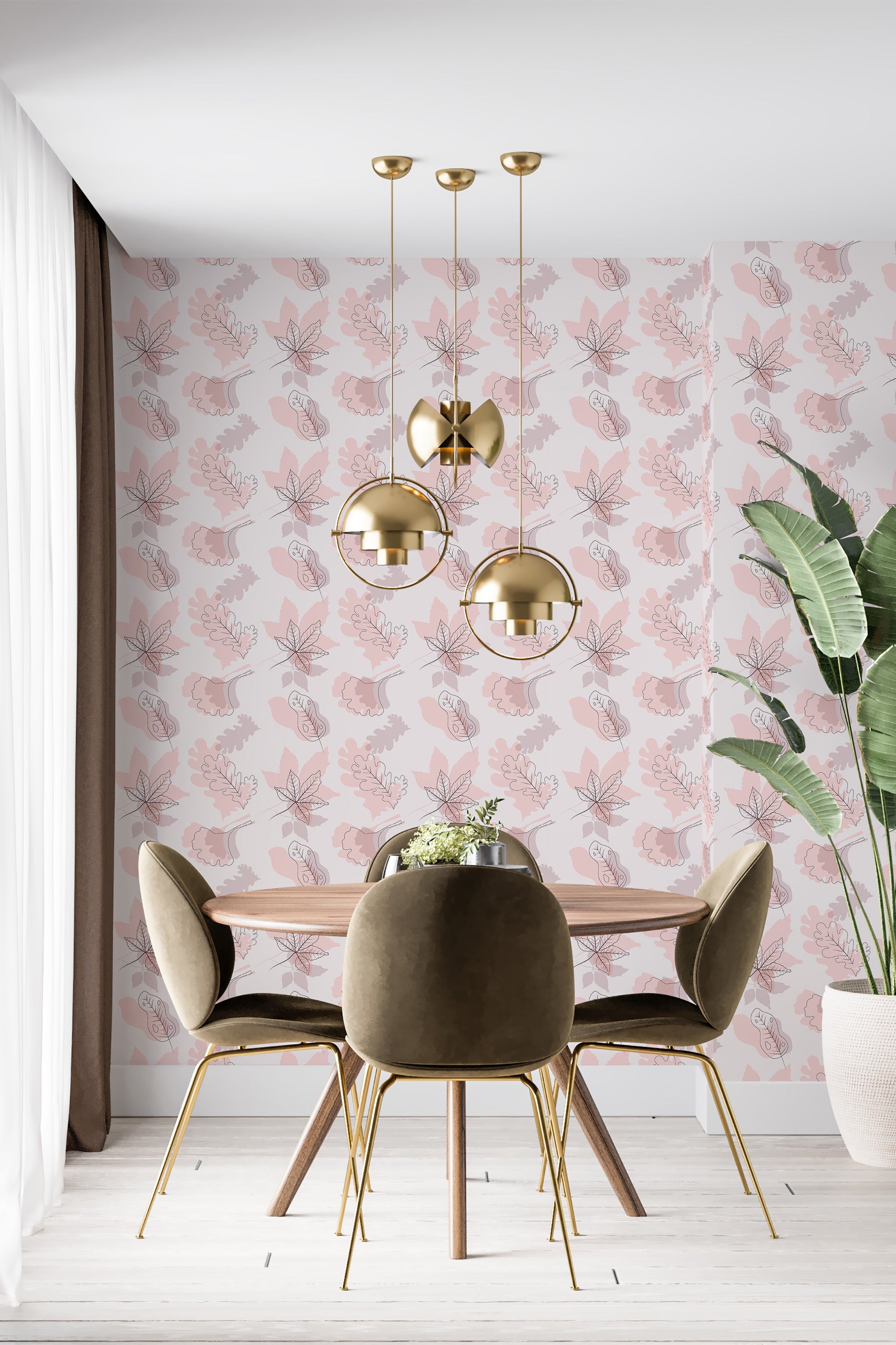 Floral wallpaper with soft pink autumn leaves and delicate branches in light gray on a white background, creating an elegant and serene atmosphere. Traditional wallpaper.