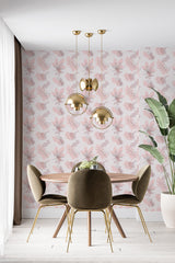Floral wallpaper with soft pink autumn leaves and delicate branches in light gray on a white background, creating an elegant and serene atmosphere. Traditional wallpaper.