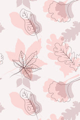 Seamless wallpaper pattern with delicate autumn leaves in various shades of pink and soft beige, outlined in thin black lines. The design includes detailed maple, oak, and other leaf shapes, creating a botanical and seasonal theme. Peel and stick removable wallpaper.
