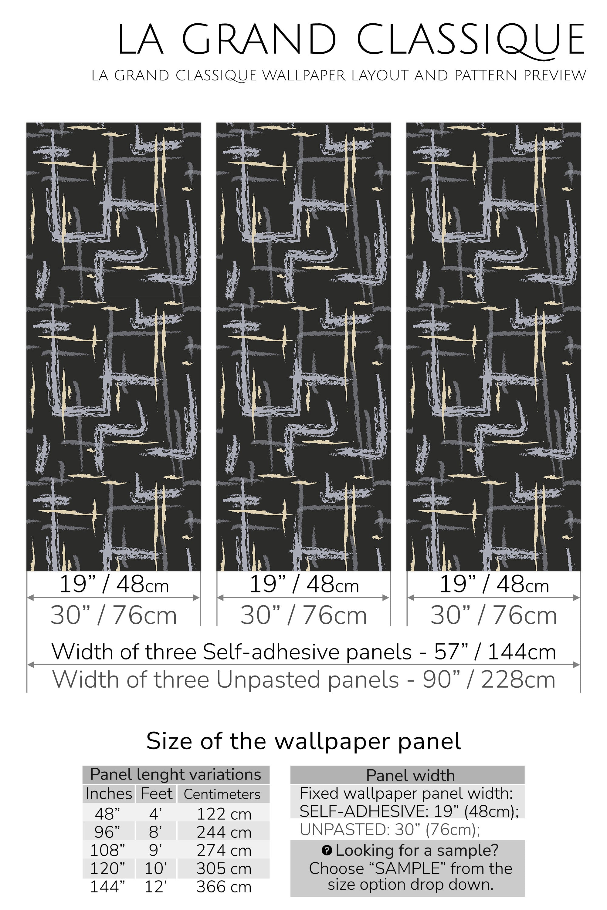 A room with a black brush stroke design wallpaper, where bold, uneven white and gold brush strokes create an abstract, modern art feel in a balanced, grid-like pattern, conveying a sense of movement and depth on the wall. Traditional wallpaper.