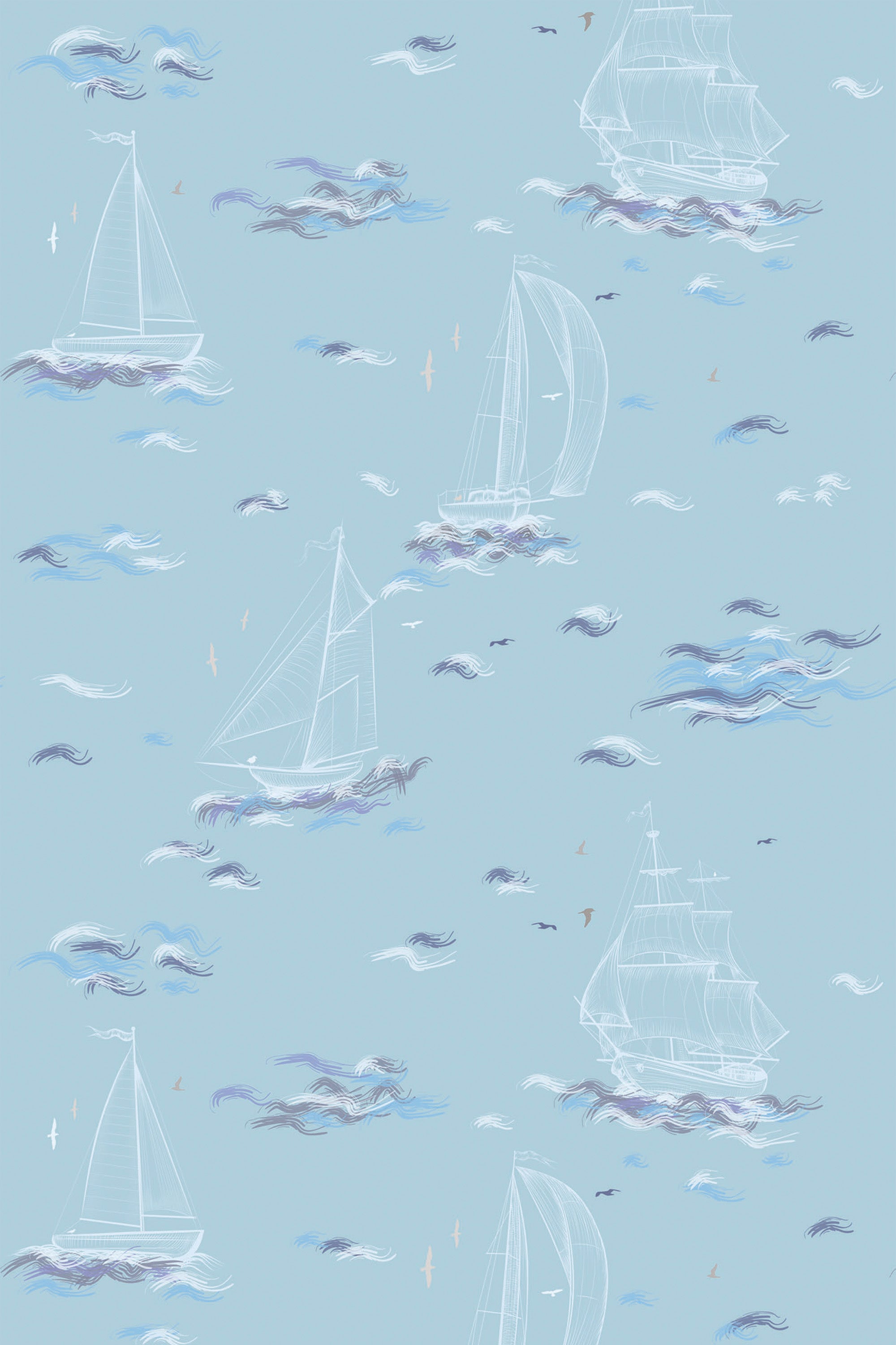 Light blue wallpaper with white sailboats and ships scattered across the design. Small birds and waves are interspersed among the boats, creating a serene nautical theme. The peel and stick removable wallpaper.