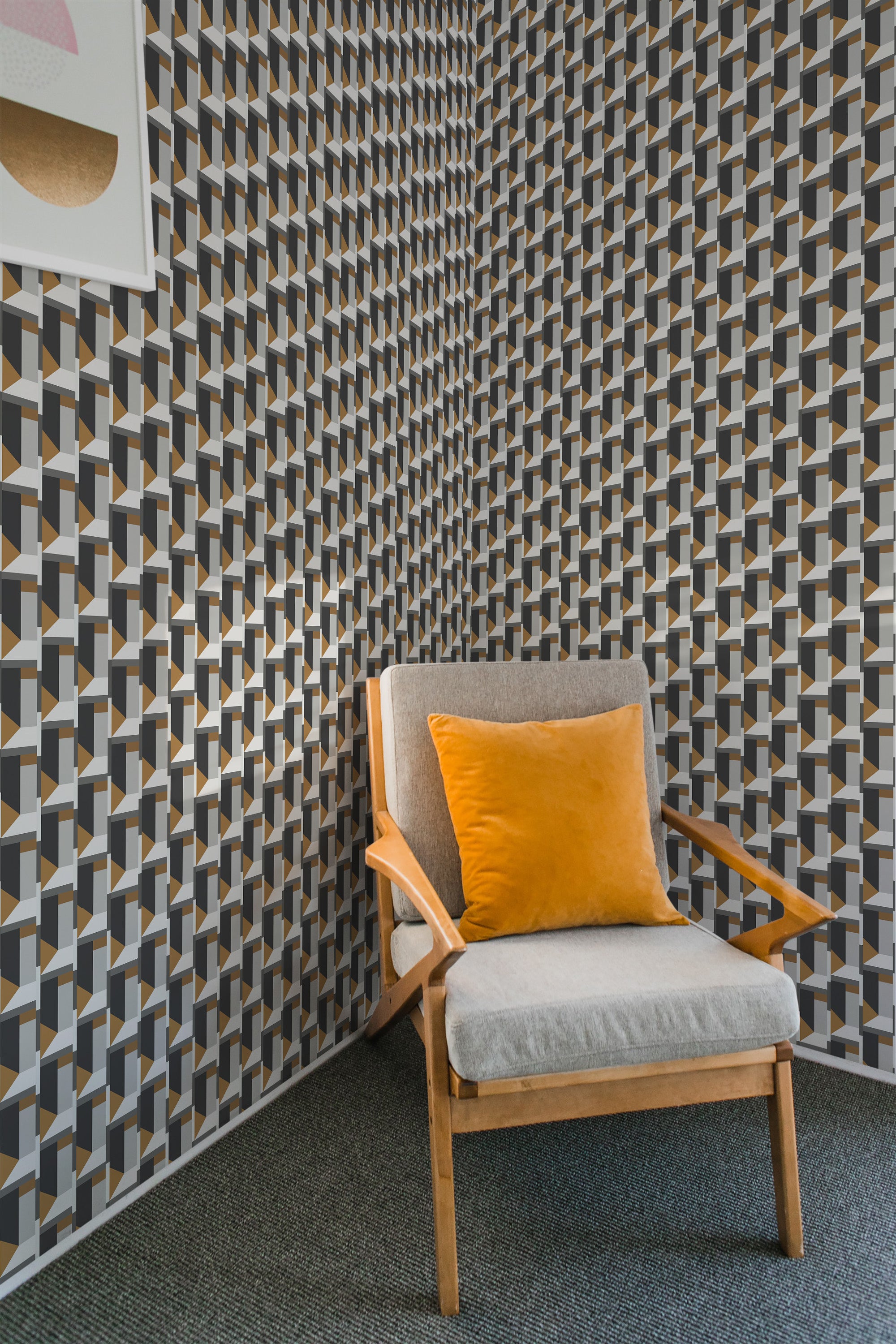 Geometric wallpaper in shades of gray, black, and beige, creating an intricate, overlapping cube pattern in a modern yet traditional wallpaper.