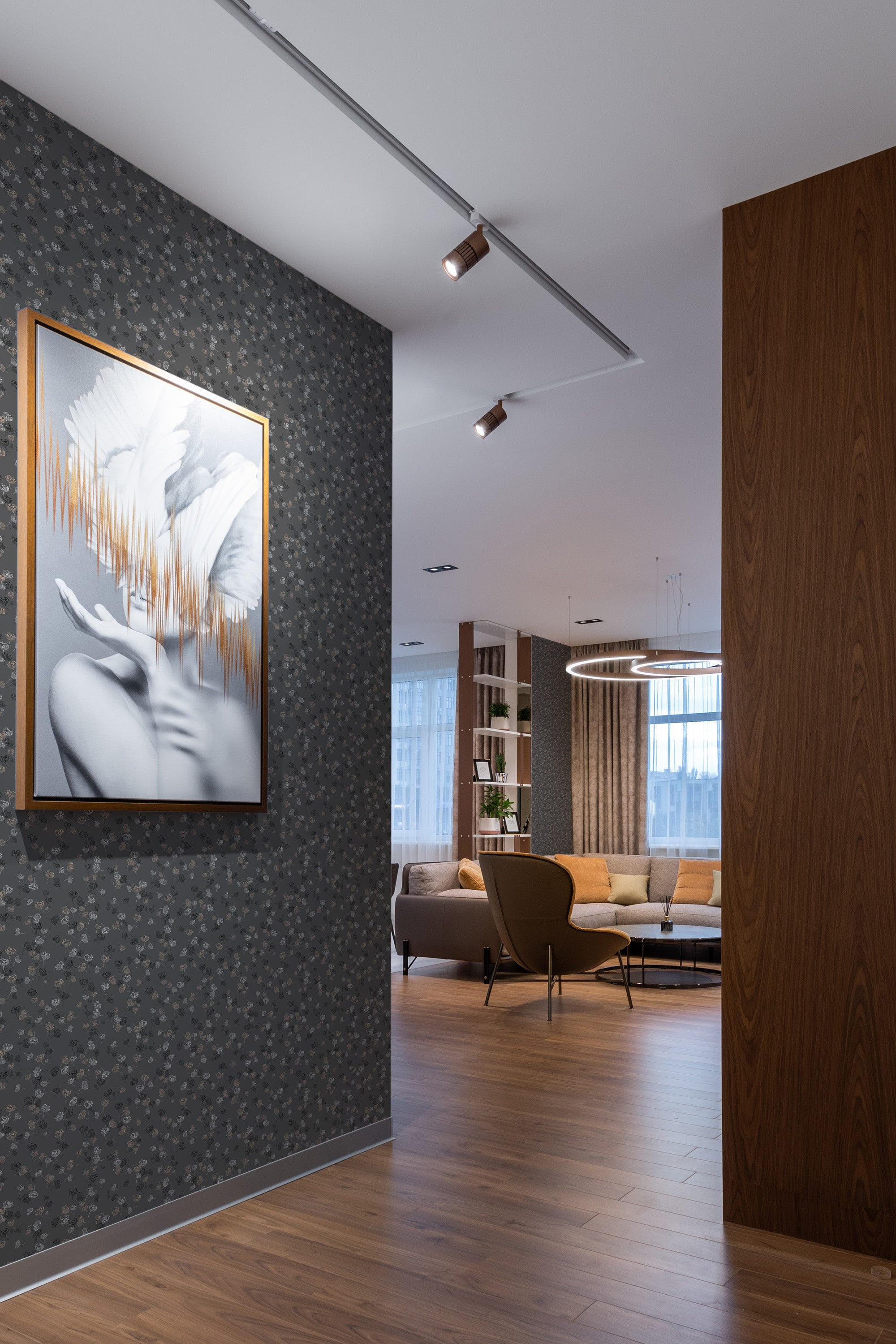 The wallpaper has a Ginko leaf pattern in shades of dark gray and black, creating a subtle, textured effect on the wall. Traditional wallpaper.