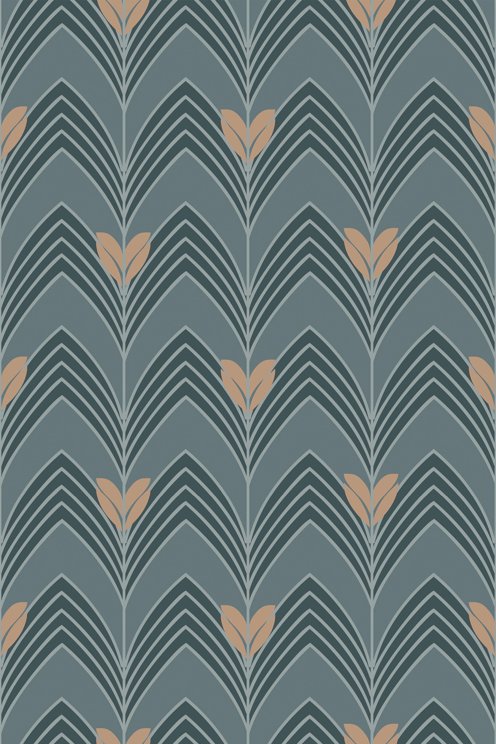 Art Deco wallpaper with a repeating chevron pattern in dark teal, accented by stylized peach-colored leaves. The design is symmetrical with clean lines and a modern geometric style. Peel and stick removable wallpaper.