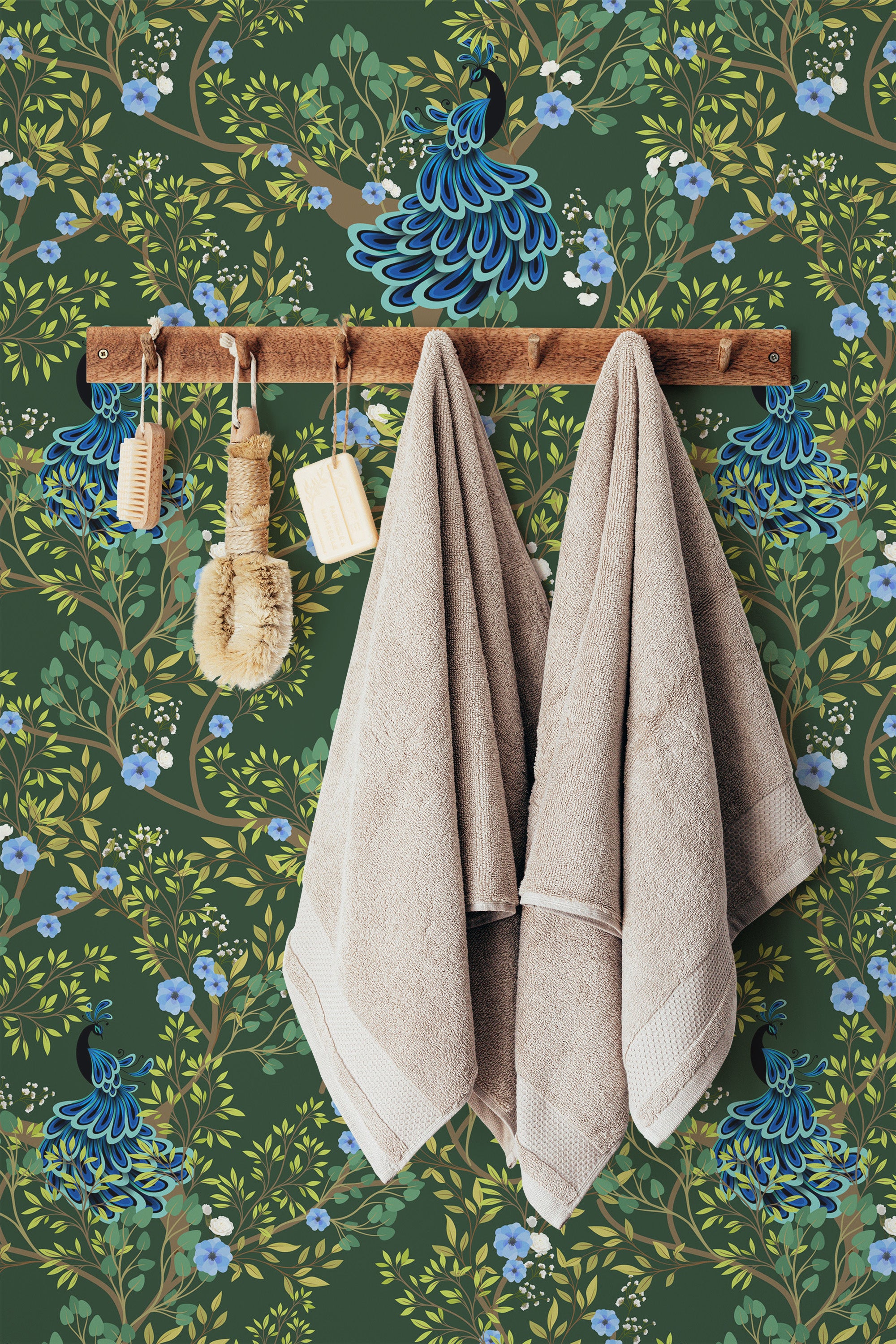 Self-adhesive wallpaper with a vibrant peacock design, featuring teal and blue peacocks perched among intricate branches filled with green leaves and delicate blue flowers, creating a lively and natural ambiance.