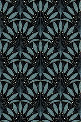 Stylized art deco pattern with fan-shaped motifs in teal and dark blue tones, accented by small gold dots, set against a black background. Peel and stick removable wallpaper.