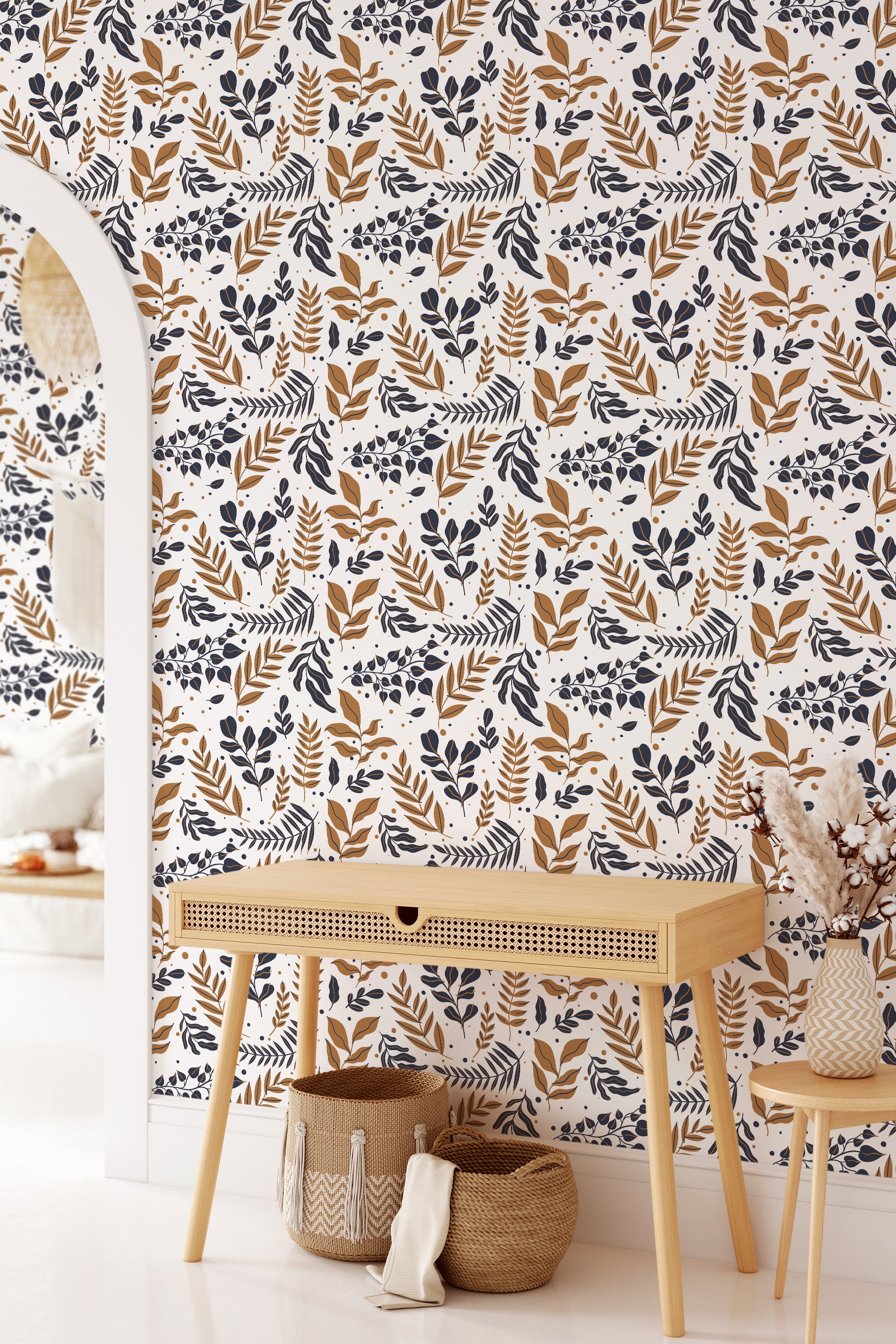 Self-adhesive wallpaper with a brown leaf dots design, featuring an array of brown and black leaves, dots, and delicate botanical elements on a white background, adding a natural and stylish touch to the room.