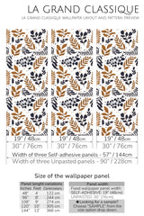 Brown-leaf dot design pattern with brown and black leaves, dots, and branches on a white background, giving a nature-inspired look, traditional wallpaper.