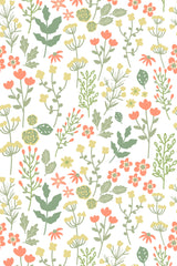 Floral design with soft, muted colors including green, yellow, and coral. Delicate hand-drawn leaves and flowers create a light, airy feel on a white background. Peel and stick removable wallpaper.