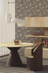 Self-adhesive wallpaper with a soft leaf design in muted tones of green, brown, and beige, complemented by small floral accents, adding a nature-inspired touch to the room's aesthetic.