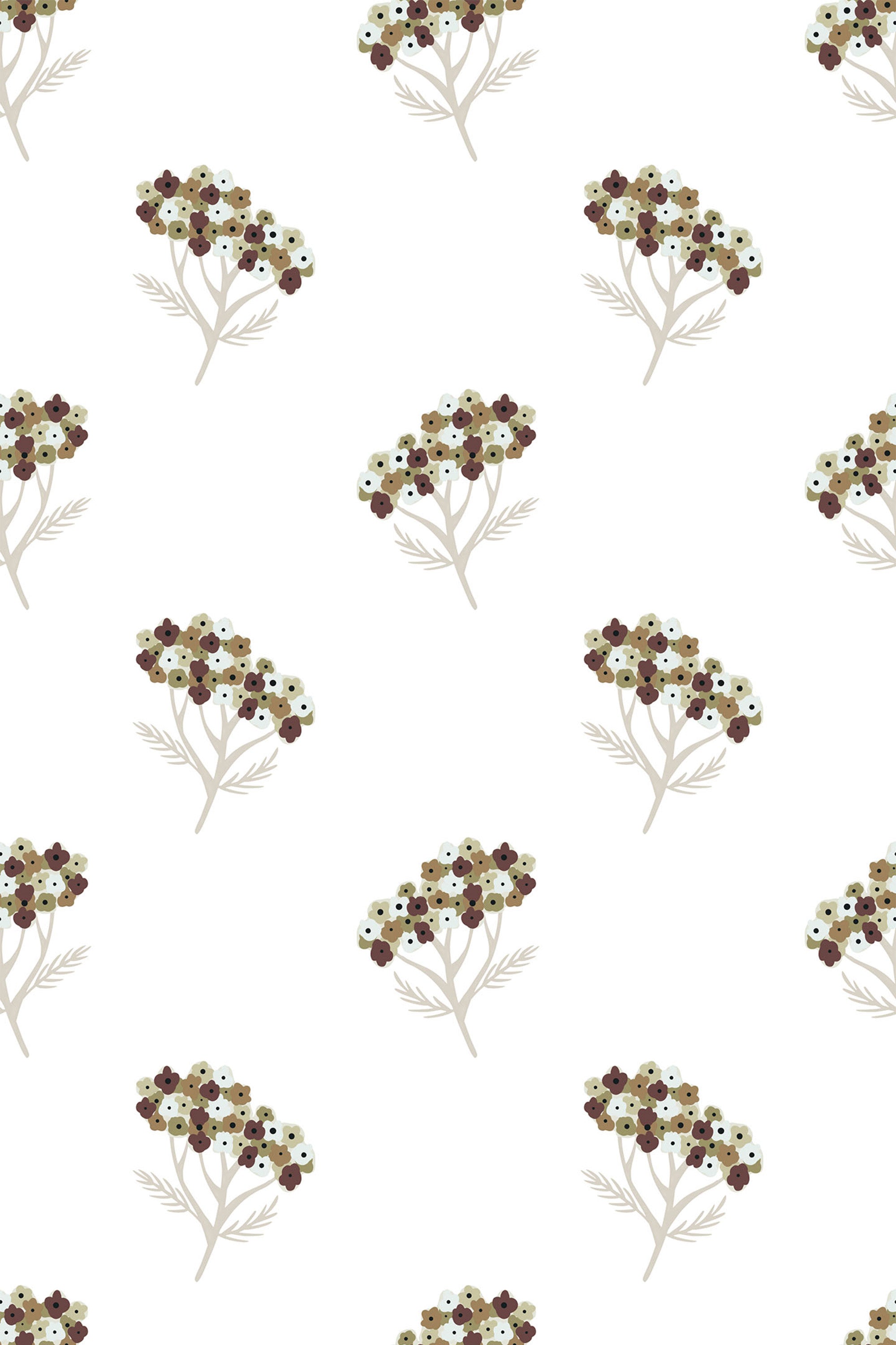 Patterned wallpaper with delicate clusters of stylized yarrow flowers in earthy tones of green, brown, and cream, set against a clean white background. Peel and stick removable wallpaper.