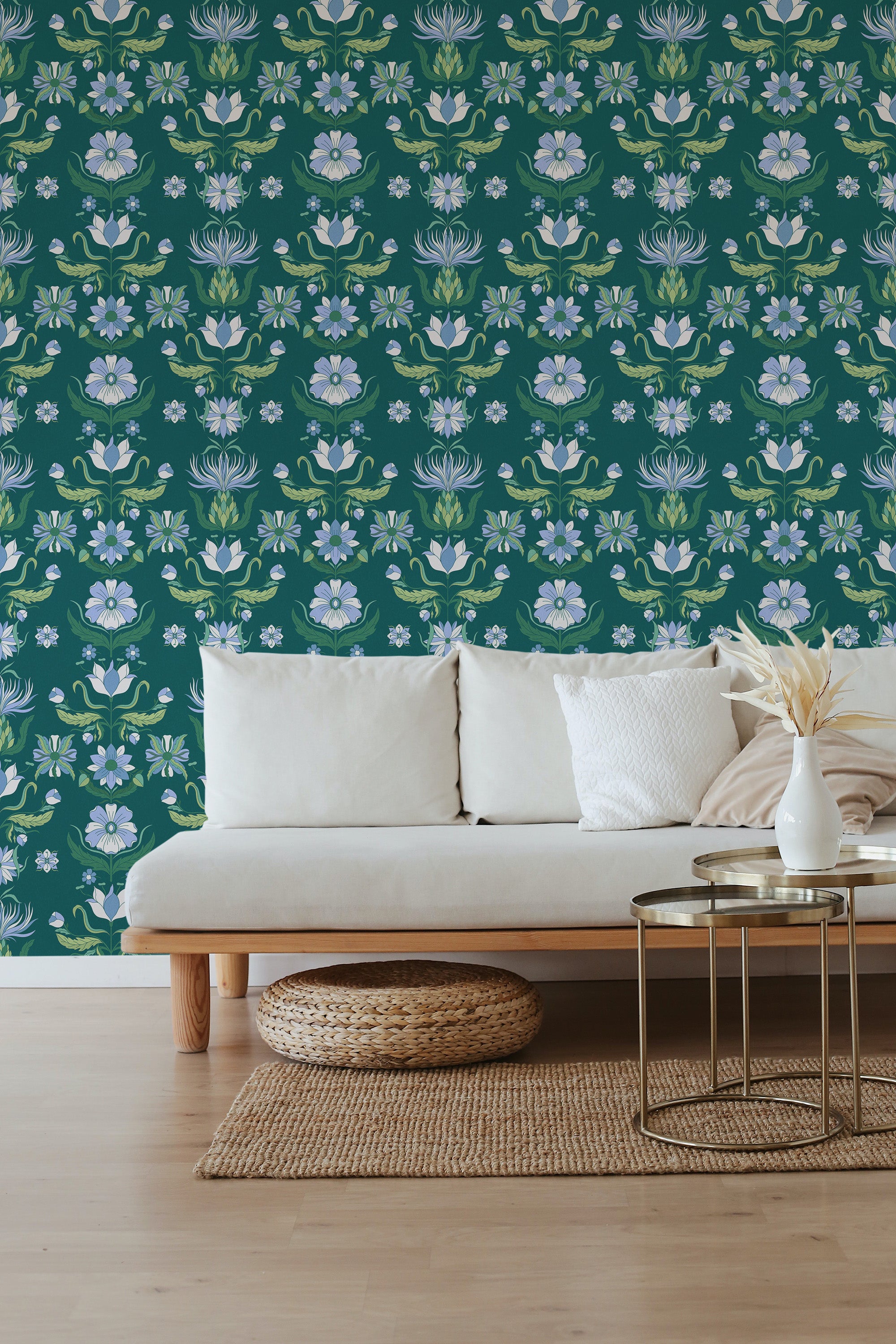 Art Nouveau wallpaper with a bold teal background adorned with white flowers, green leaves, and abstract swan patterns, creating a vibrant and intricate design that enhances the room's aesthetic. Traditional wallpaper.