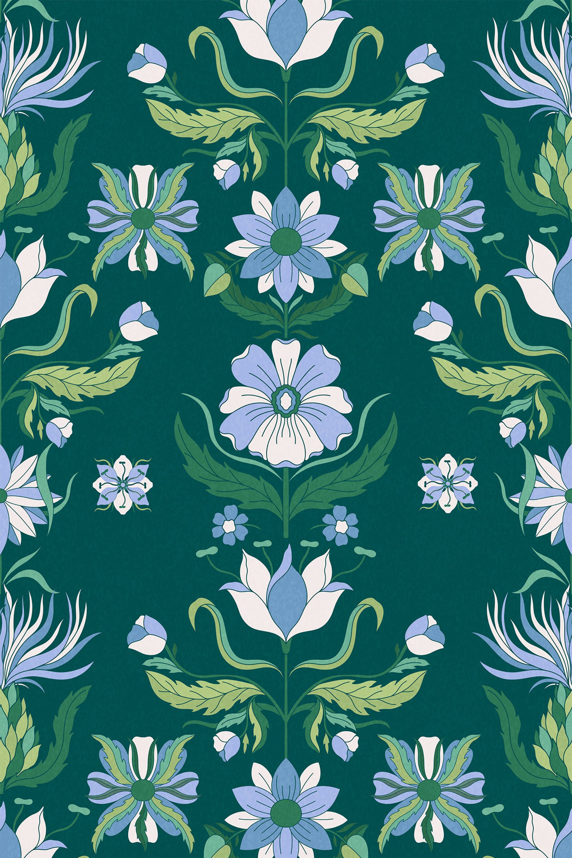 Repeating art nouveau design with large white and light blue flowers surrounded by green leaves and stems, accented by smaller flowers and buds on a deep teal background. Intricate patterns, symmetrical layout. Peel and stick removable wallpaper.