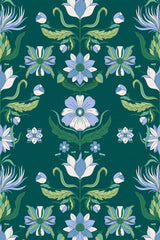 Repeating art nouveau design with large white and light blue flowers surrounded by green leaves and stems, accented by smaller flowers and buds on a deep teal background. Intricate patterns, symmetrical layout. Peel and stick removable wallpaper.