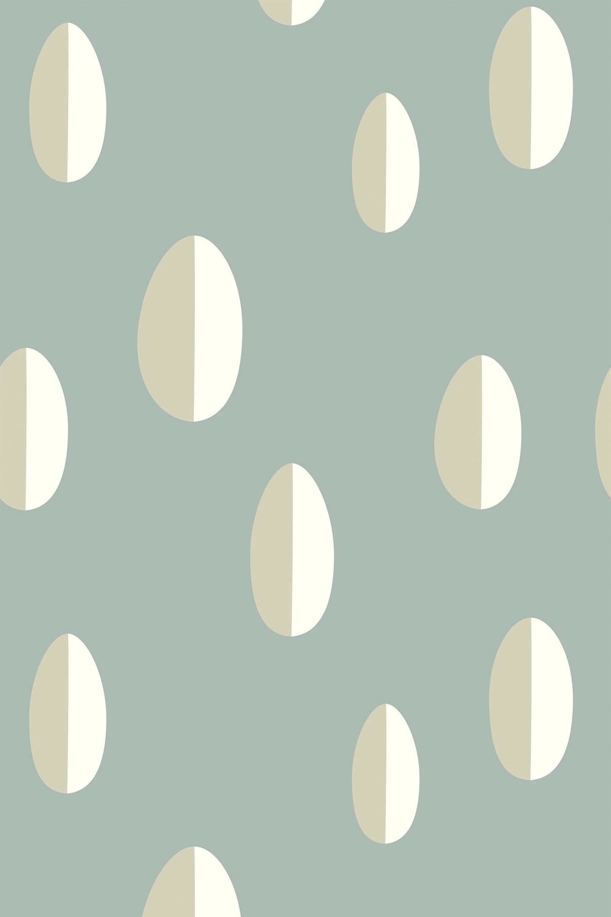 Repeating pattern of softly rounded beige raindrop shapes with a subtle gradient on a muted sage green background, peel and stick removable wallpaper.
