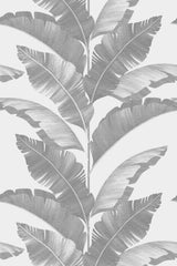 A repeating pattern of large, detailed tropical leaves in various shades of gray on a light background, creating a modern and elegant design. Peel and stick removable wallpaper.