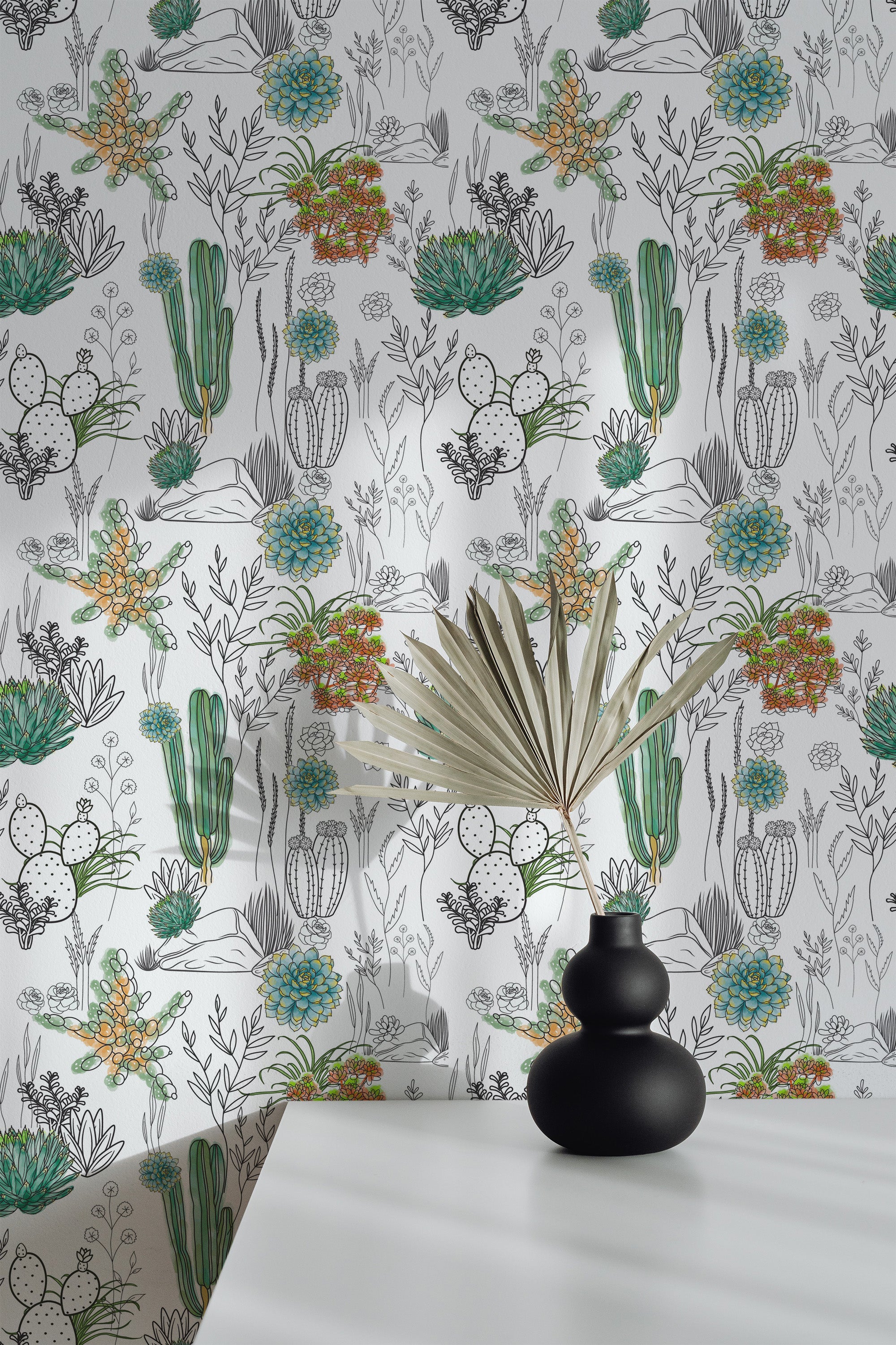 Self-adhesive wallpaper with sketched cactus patterns, featuring a variety of green succulents, spiky cacti, and colorful flowers set against a white background.