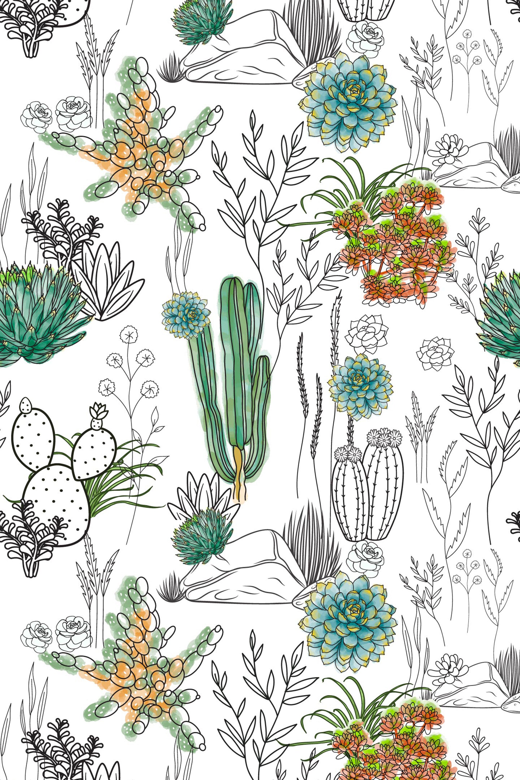 Hand-drawn cactus patterns and succulents with splashes of color on a white background, creating a lively desert botanical theme, peel and stick removable wallpaper.