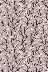Pattern of delicate branches with soft pink and white buds, along with green leaves on a beige background, forming a repeating springtime design. Peel and stick removable wallpaper.