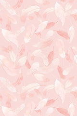 Soft pink feathers in various shades of blush and coral delicately arranged on a light pink background, creating a soothing and whimsical pattern. Ideal for nurseries or children's rooms, peel and stick removable wallpaper.