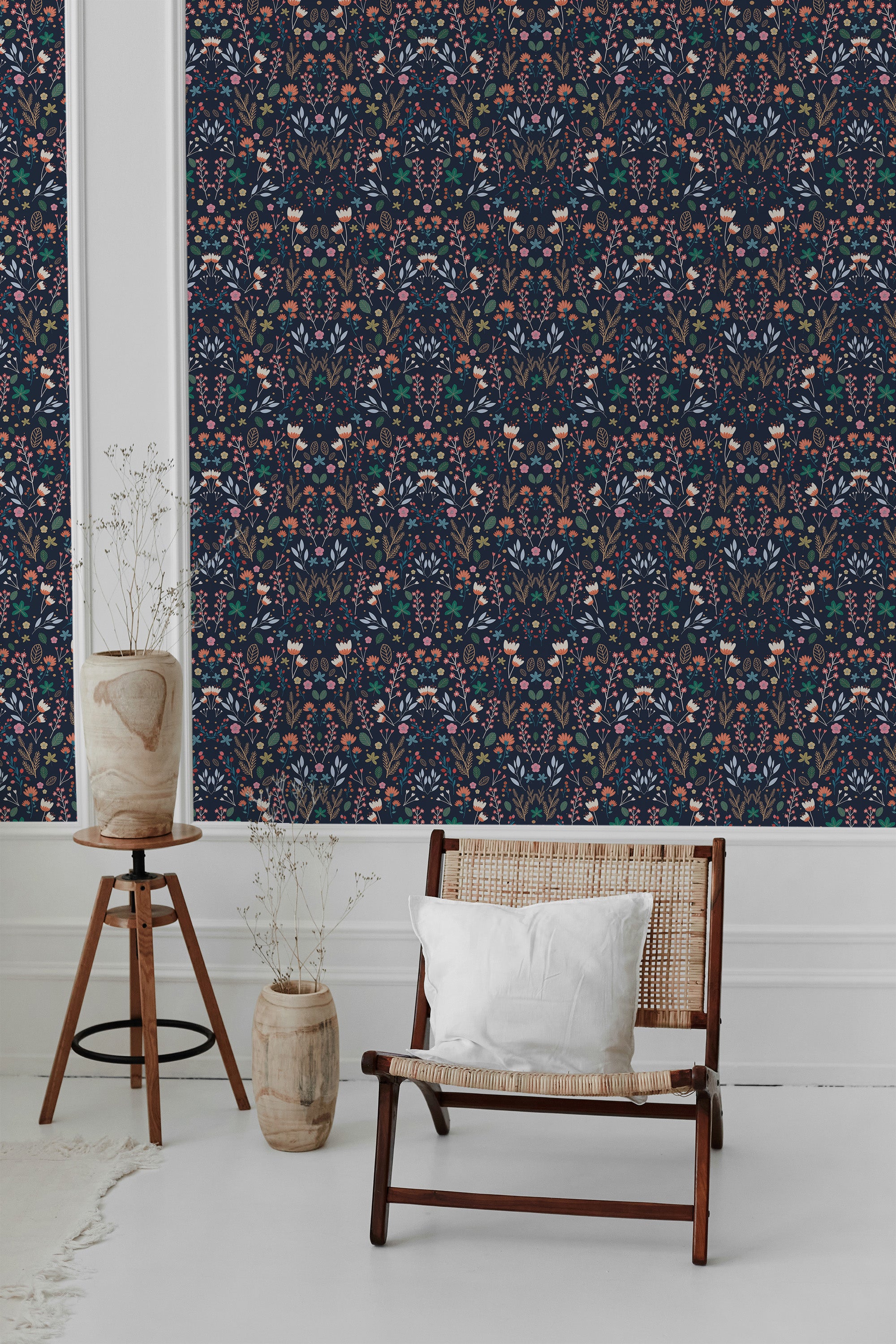 Dark scandinavian floral wallpaper with intricate patterns of blooming flowers and delicate leaves, set against a deep background, creating an elegant and timeless aesthetic. Traditional wallpaper.