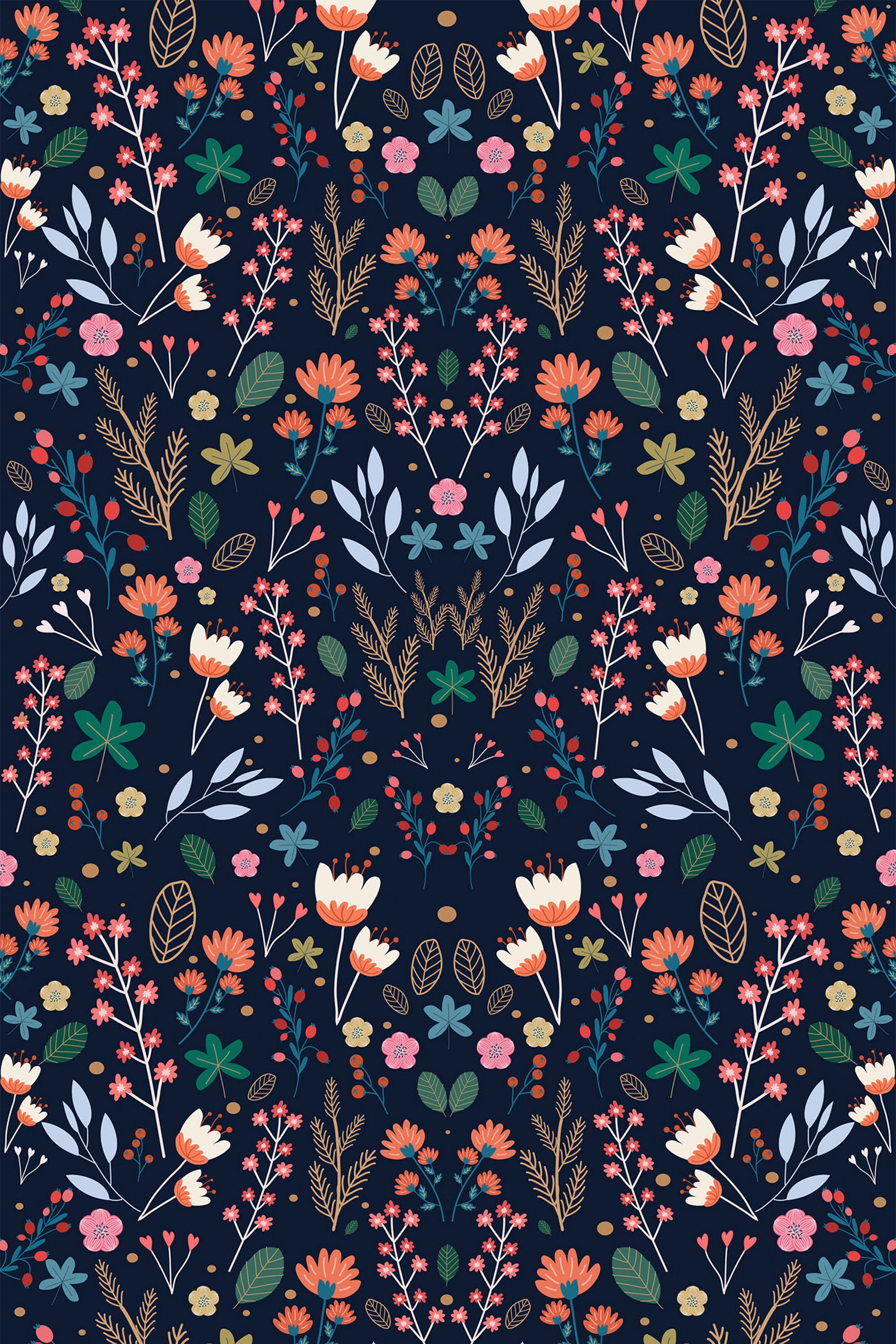 A dark Scandinavian floral design with various colorful flowers, leaves, and botanical elements set against a deep navy background. The intricate pattern includes shades of pink, orange, green, and white creating a repeating symmetrical effect. Perfect for a bold, nature-inspired decor. Peel and stick removable wallpaper.